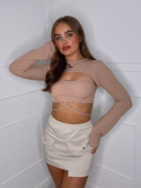 Two Piece Cut Out Crop Top - Beige