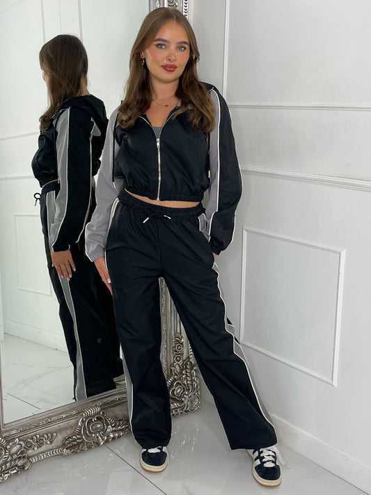 Hooded Colour block Jacket & Straight Leg Pants Set - Black/Grey