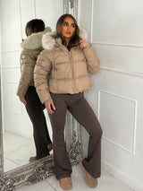 Cropped Faux Fur Trim Padded Jacket - Taupe/Cream