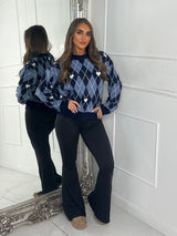 Round Neck Patterned Diamond Print Jumper With Heart Detail - Navy/Blue
