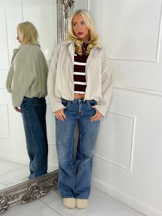 Collared Oversized Bomber Jacket - Cream