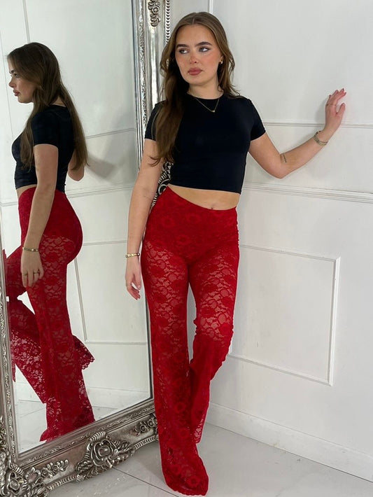 Built In Red Shorts Underlayer Lace Flares - Red