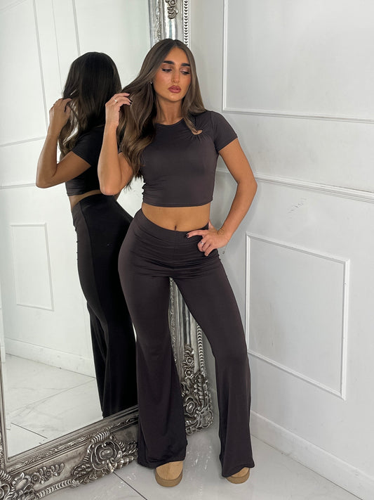 Heart Detail Crop Top & Wide Leg Pants Set - Brown