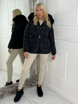 Padded Belted Coat With Faux Fur Hood - Black