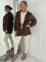 Long Ruched Sleeve Windbreaker Jacket - Brown