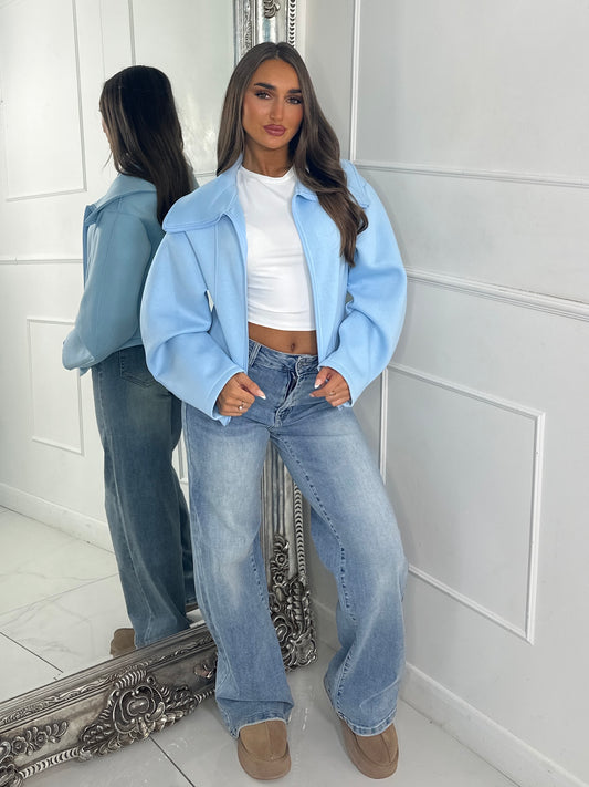 Zip Up Oversized Collar Jacket - Baby Blue