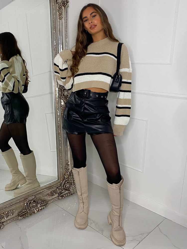 Striped Cropped Knitted Jumper -  Beige