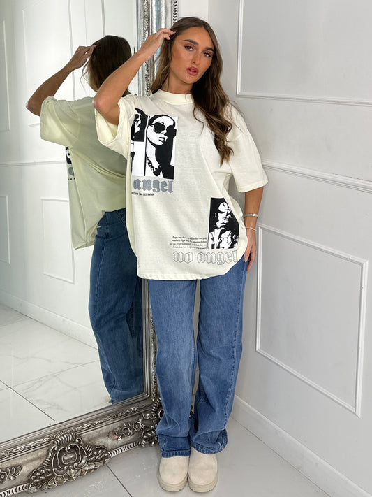 Ribbed Collar Oversized T-Shirt - Cream No Angel Print