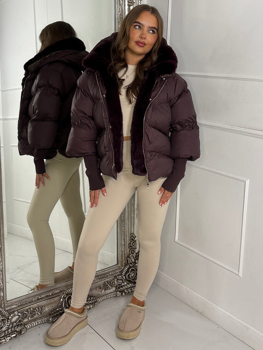 Hooded Puffer Coat With Faux Fur Trim - Brown