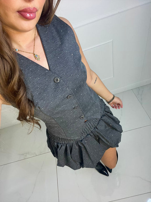 Diamante Waistcoat & Puffball Skirt Co-ord - Grey