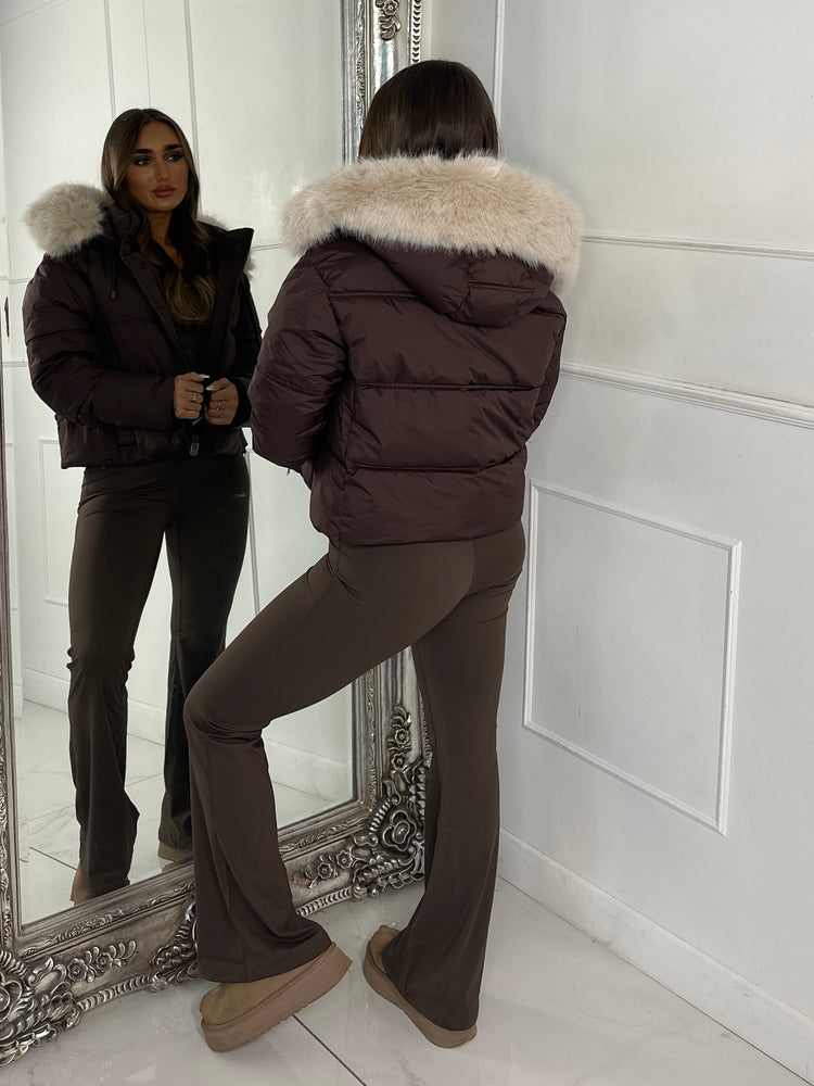 Cropped Faux Fur Trim Padded Jacket - Brown/Cream