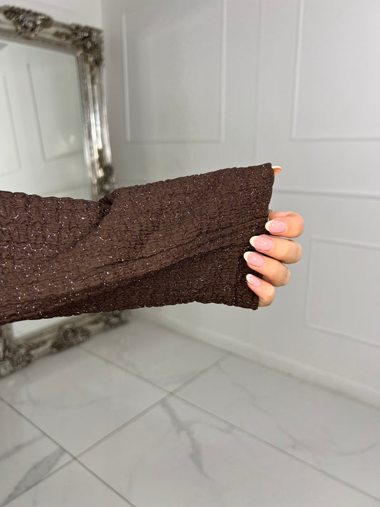 Lurex Glitter Oversized Shirt & Wide Leg Pants Co-Ord - Brown