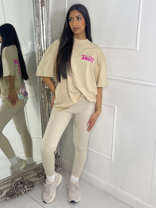 Ribbed Collar Oversized T-Shirt - Beige Not Your Angel Print