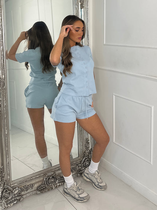 Round Neck Button Up Ribbed Top & Drawstring Shorts Co-ord - Baby Blue