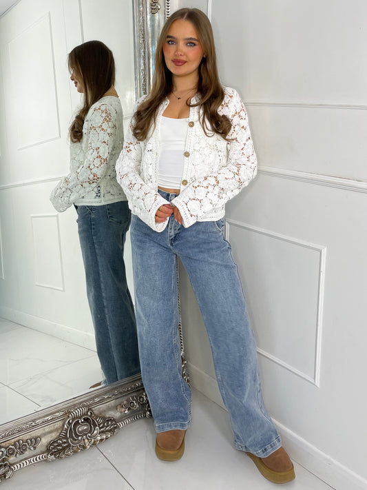 Flared Sleeve Coconut Button Detail Crochet Cardigan - Cream