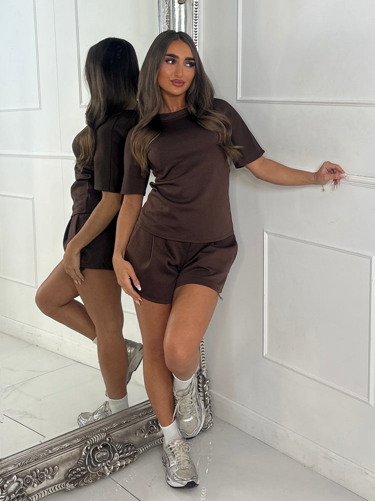 Elasticated Tailored Look Shorts & Cinch Waist Top Co-Ord - Chocolate Brown