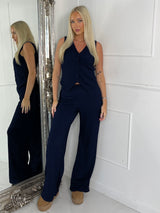 Button Up Detail Textured Waistcoat & Flares Set - Navy