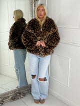Leopard Print Faux Fur Collared Jacket - Brown