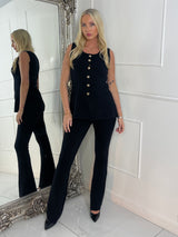 Gold button detail waistcoat and flares co-ord - Black