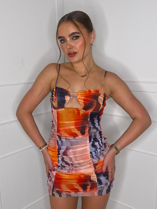 Printed Ruched Front Dress - Orange/Black