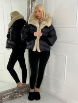 Hooded Puffer Coat With Faux Fur Trim - Black/Apricot Fur