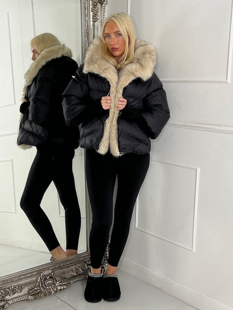 Hooded Puffer Coat With Faux Fur Trim - Black/Apricot Fur