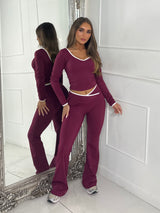Crossover Ruched Bum Flares & Line Detail Long Sleeved Top - Wine