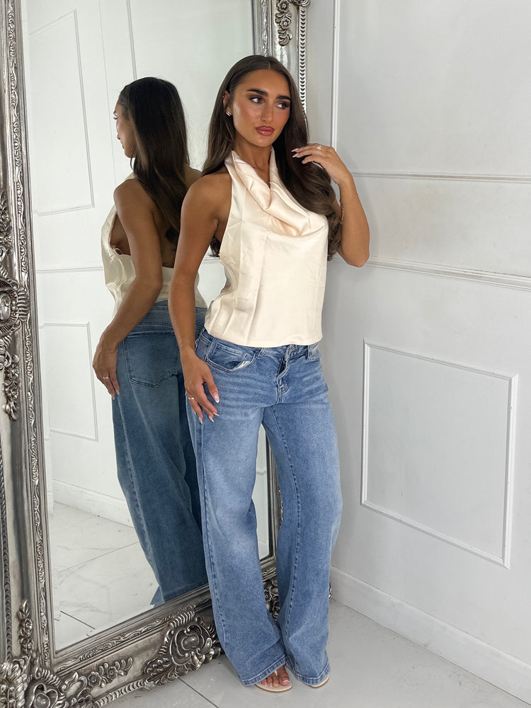 Elise Satin Cowl Halter Top - Ivory