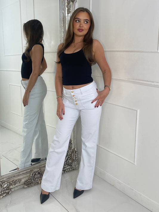 High Waist Pocket Front Jewelled Button Jeans - White