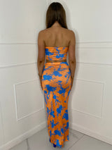 Knot Detail Maxi Skirt and Bandeau Co-ord - Orange/Blue Print