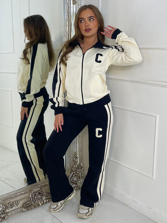 Colour Block Contrast “C” Embroidery Tracksuit - Black/Cream