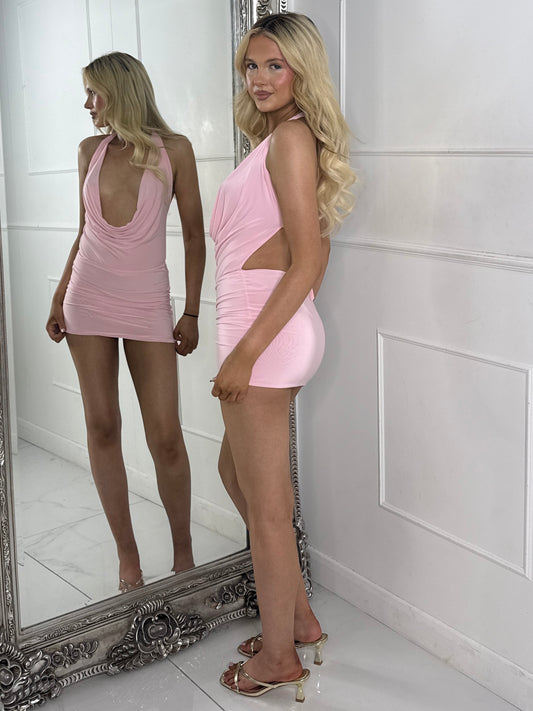 Slinky Drape neck Mini Dress - Baby Pink