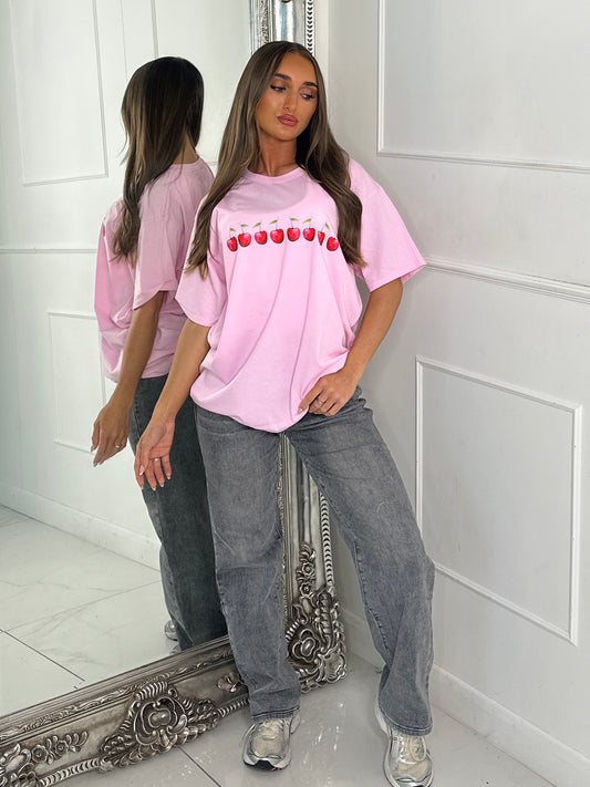 8 Cherries Print Tee - Baby Pink
