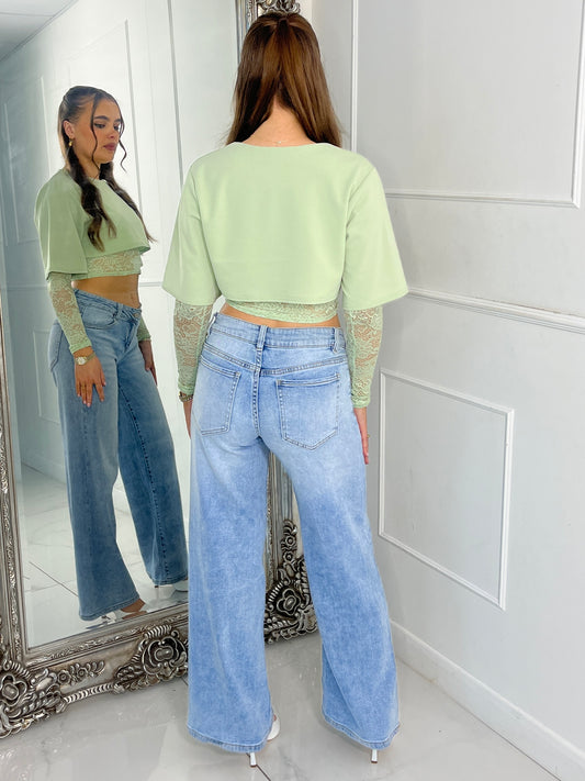 Round Neck Cropped Tee With Lace Bra Underlayer & Lace Sleeves - Sage Green