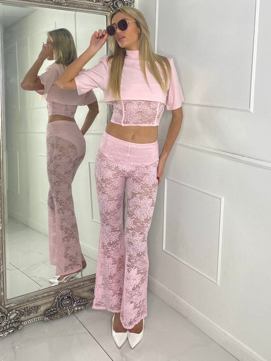 Padded Shoulder Cropped Tee With Lace Bra Underlayer & Built In Knicker Lace Flares Co-Ord - Baby Pink