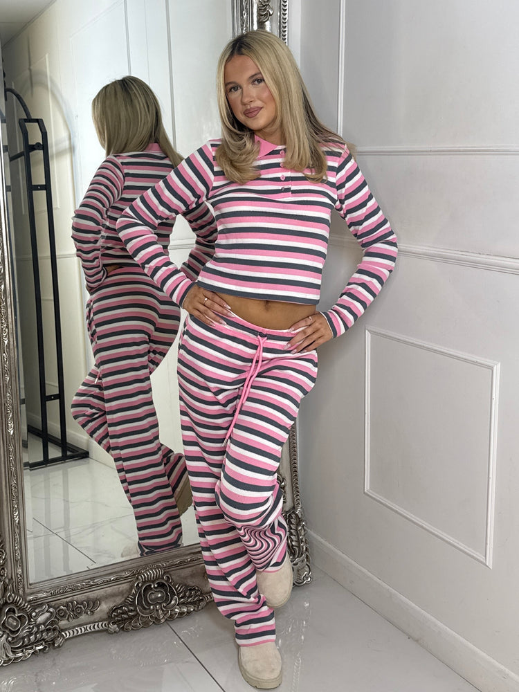 Collar Detail Striped Long Sleeve Top & Wide Leg Pants Co-Ord - Baby Pink Multi