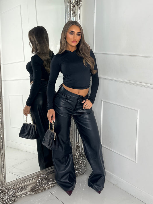 PU Leather Look Wide Leg Jeans - Black