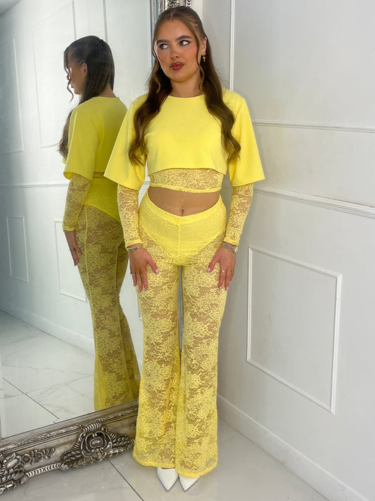 Round neck Lace Sleeves Crop Tee & Built In Black Knicker Underlayer Lace Flares Co-Ord - Yellow