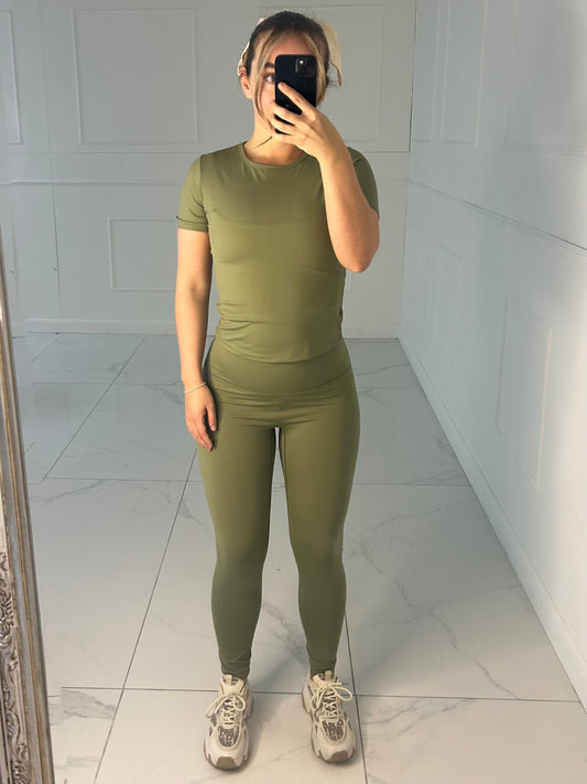 Training Top & Sculpt Energy Leggings Gym Set - Khaki