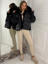 Hooded Puffer Coat With Faux Fur Trim - Black
