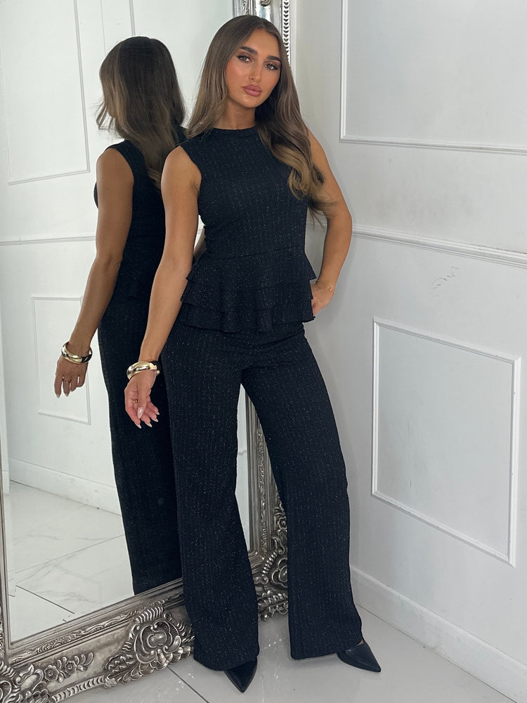 Lurex Knit High Neck Ruffle Top & Flares Co-Ord - Black
