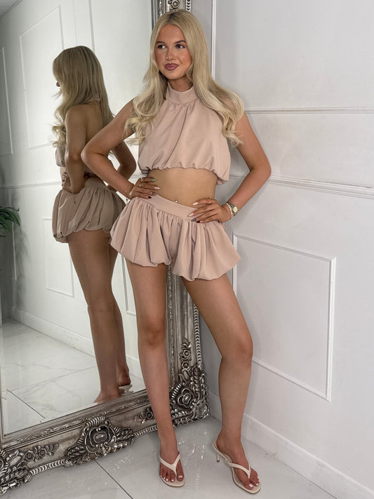 Backless High Neck Top & Band Detail Puffball Skort - Beige