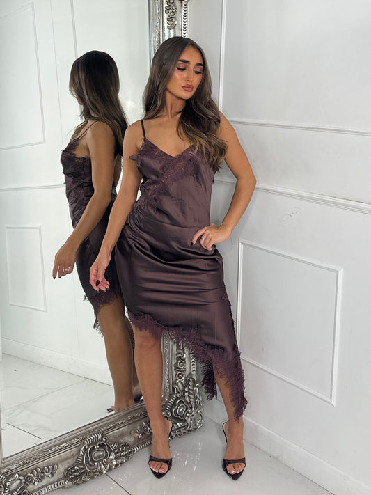 Long Asymmetric Satin Dress With Lace Trim Detail - Brown