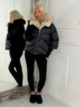 Hooded Puffer Coat With Faux Fur Trim - Black/Apricot Fur