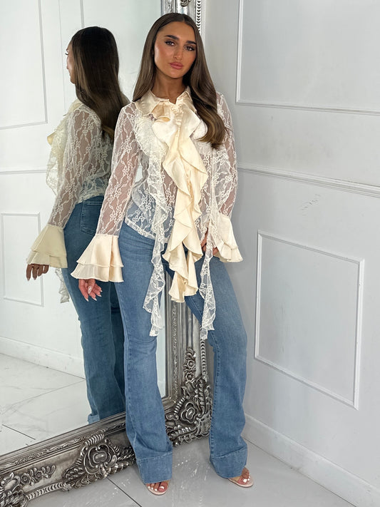 Lace Sheer Diamante Ruffle Shirt - Cream