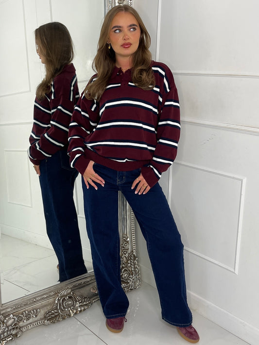 Stripe Detail Knitted Long Sleeve Jumper - Wine/Navy