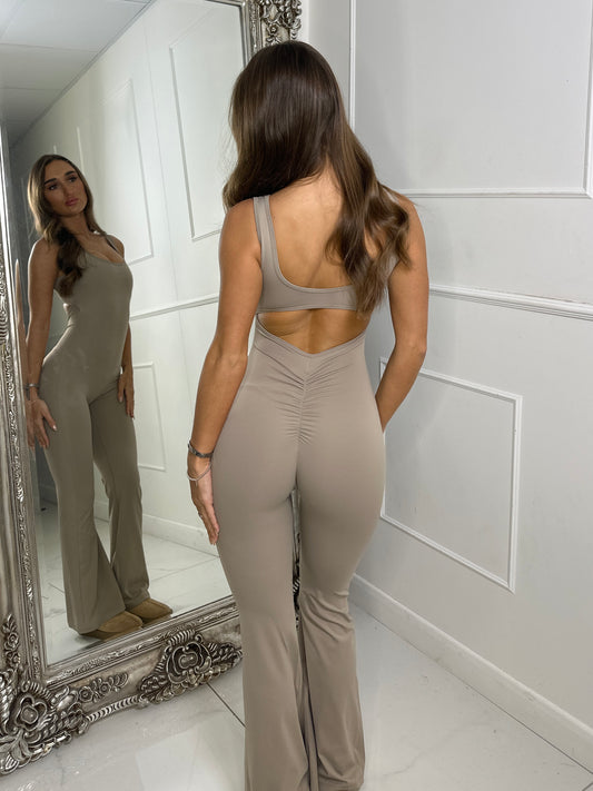 Body Sculpt Jumpsuit With Ruche Bum Detailing - Light Beige