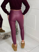 PU Leather Look Leggings - Wine