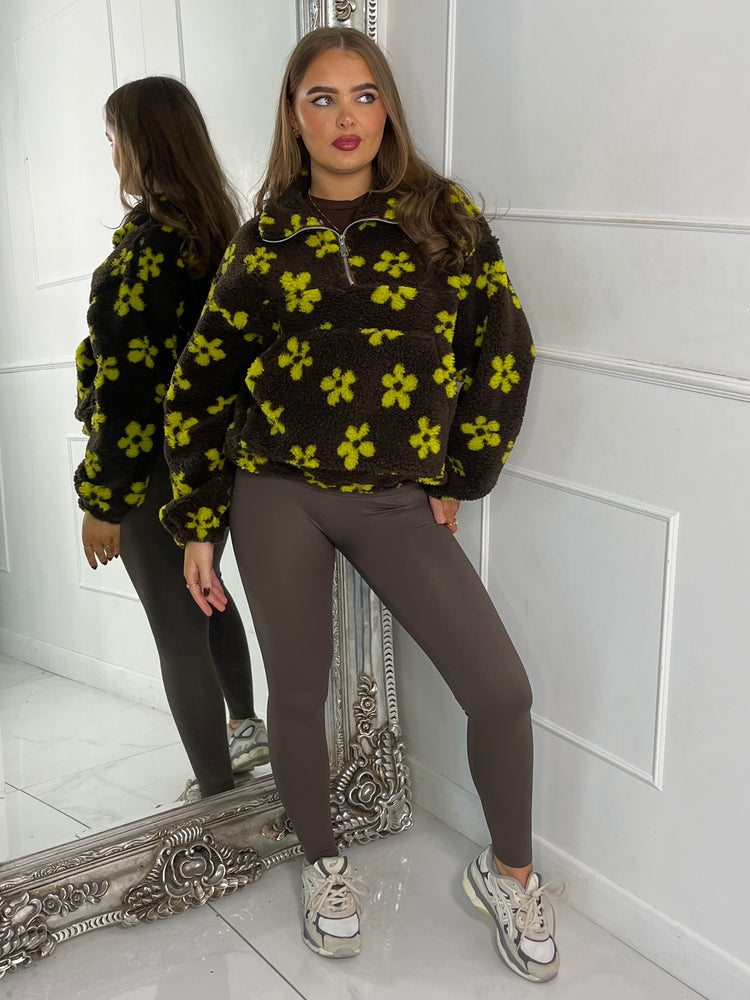Flower Printed Half Zip Fleece - Brown/Yellow