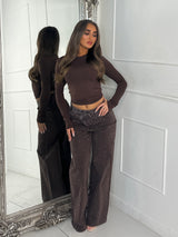 Asymmetric Waist Ombre Diamante Detail Wide Leg Jeans - Brown